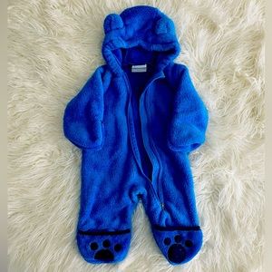 Excellent Condition Columbia Snuggly Fleece Blue Bear Bunting 3-6 Months